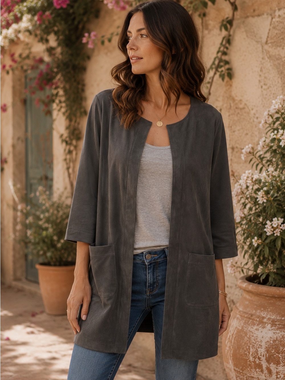 Soft Surroundings Faux Suede Open Front Cardigan Jacket Charcoal Black‎ XS